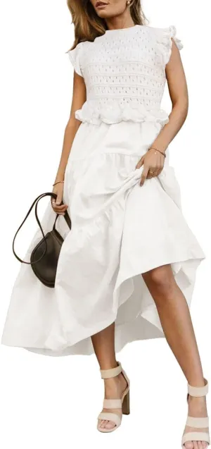 Womens 2025 Summer Causal Ruffle Sleeve Crochet Knit Tops Long Dress for Ladies Fall Trendy Tiered Dress