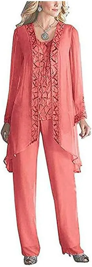 Women's 3 PC Chiffon Mother's Outfit Pants Suits for Wedding Plus Size Evening Gowns Dress Suit
