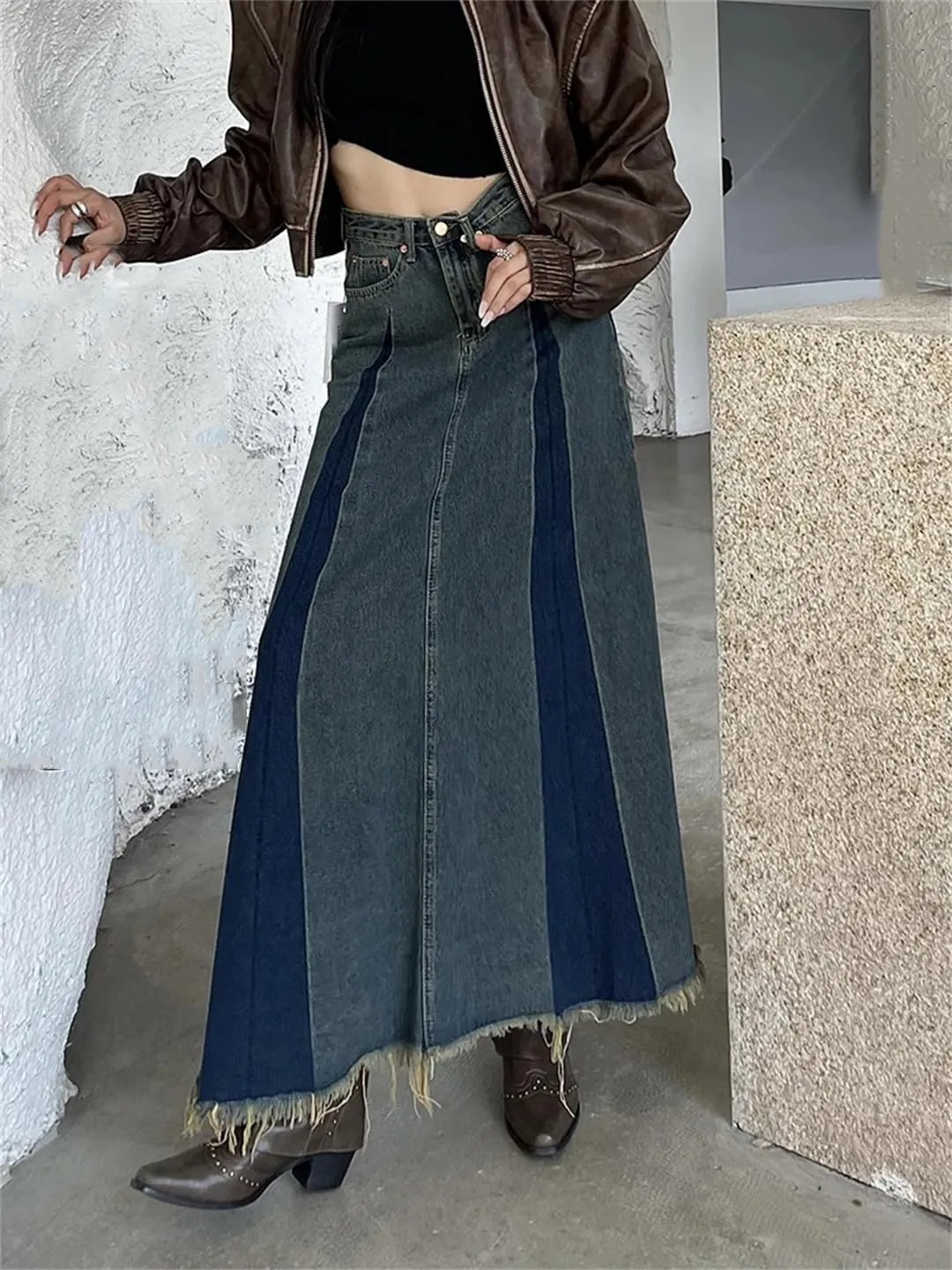 Women's 5-Pocket Color Splicing Denim Skirts High Waisted Retro Distressed Fringed Maxi Casual Skirt