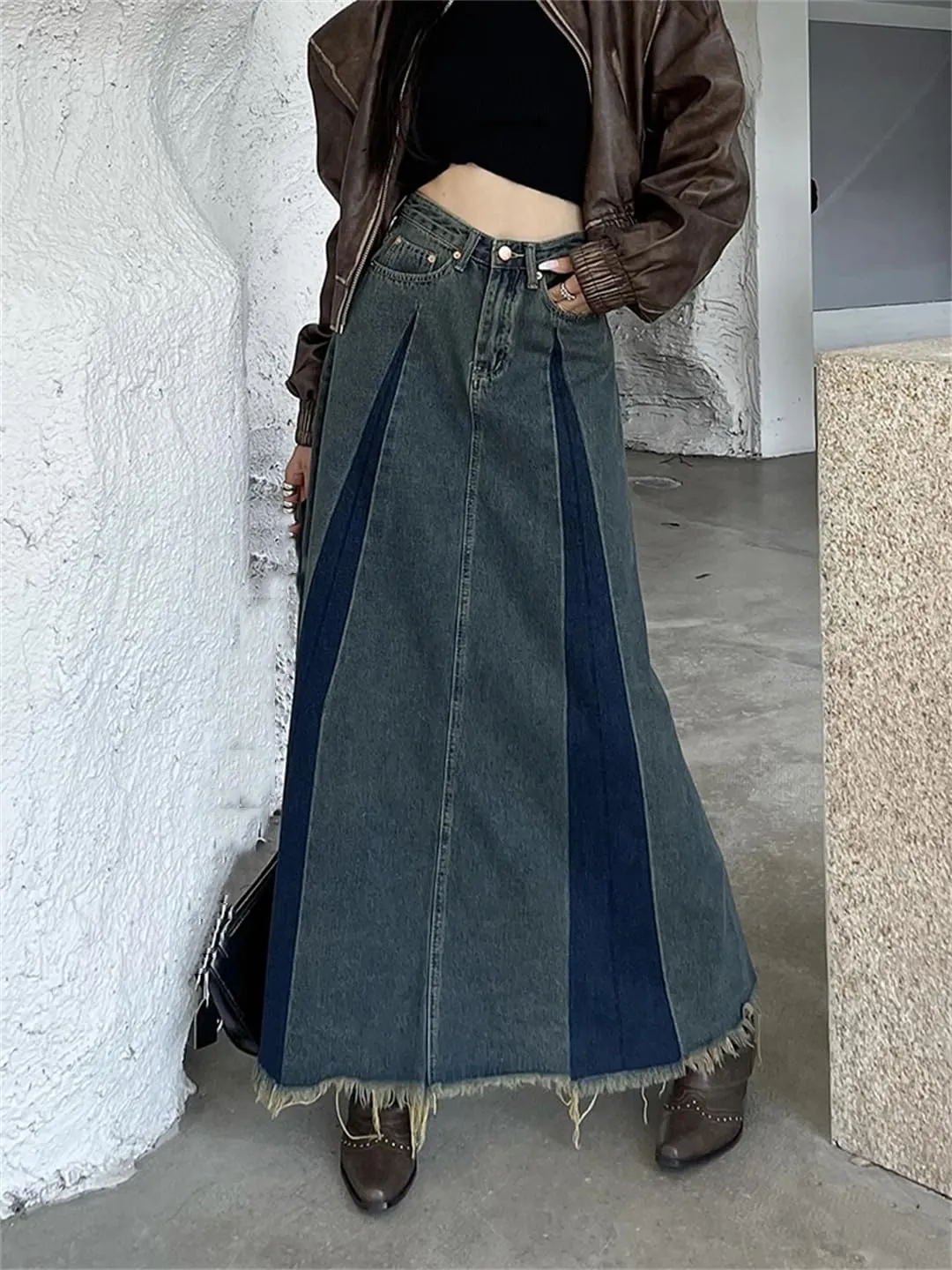 Women's 5-Pocket Color Splicing Denim Skirts High Waisted Retro Distressed Fringed Maxi Casual Skirt