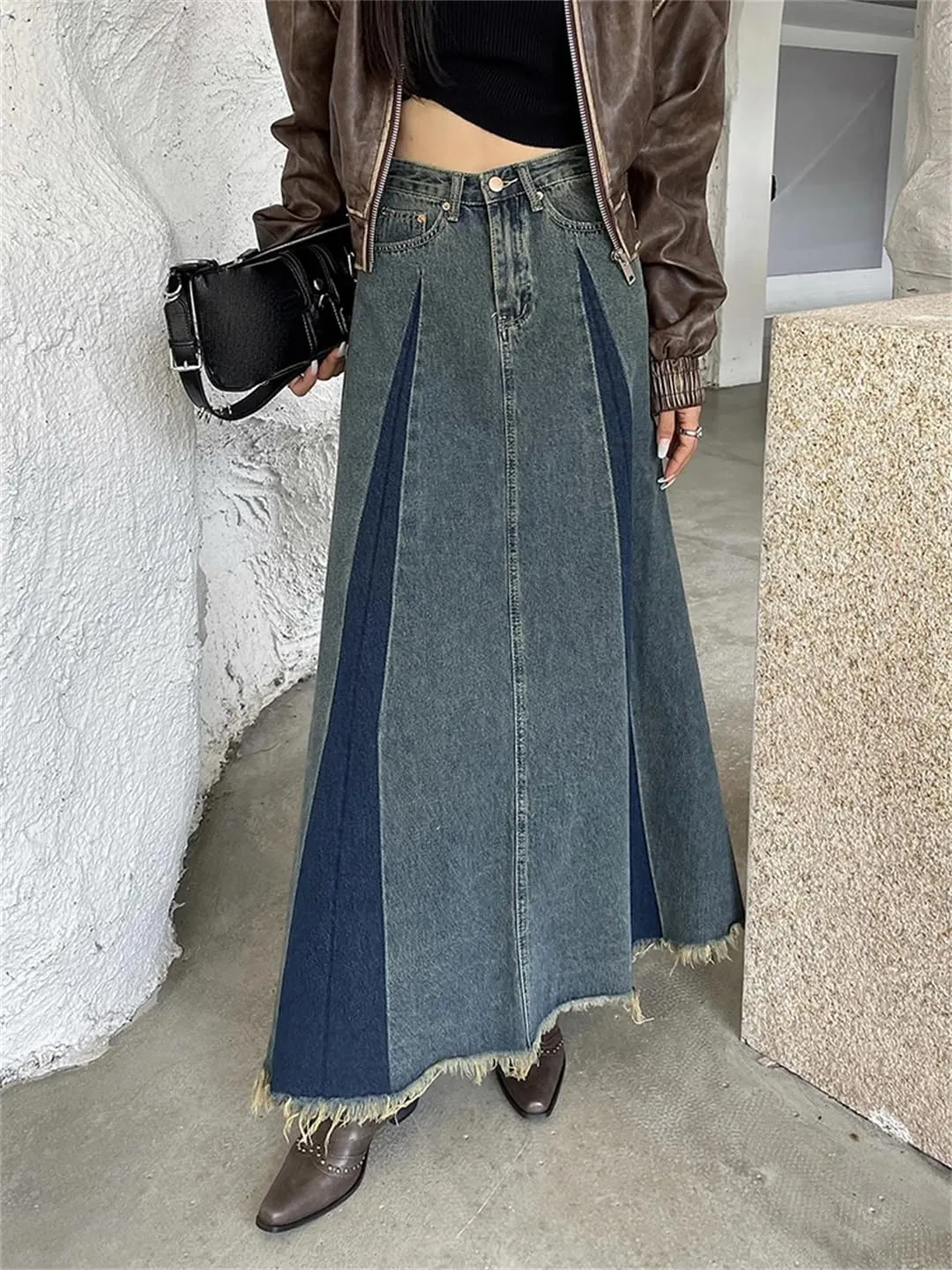 Women's 5-Pocket Color Splicing Denim Skirts High Waisted Retro Distressed Fringed Maxi Casual Skirt
