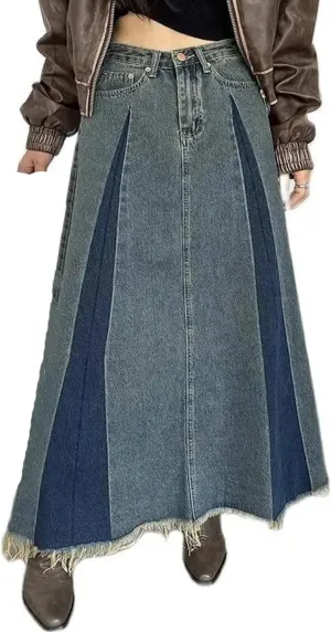 Women's 5-Pocket Color Splicing Denim Skirts High Waisted Retro Distressed Fringed Maxi Casual Skirt