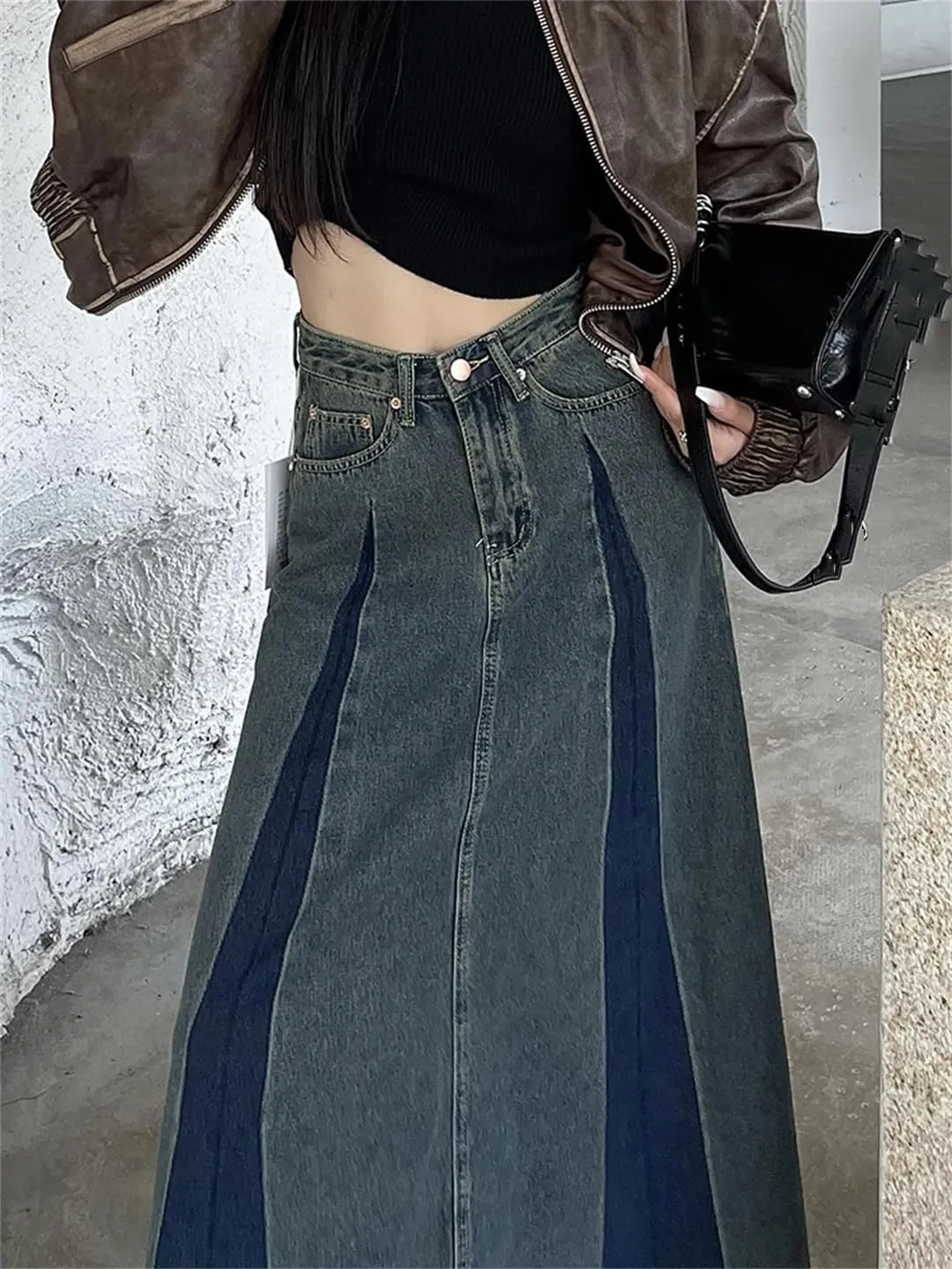 Women's 5-Pocket Color Splicing Denim Skirts High Waisted Retro Distressed Fringed Maxi Casual Skirt