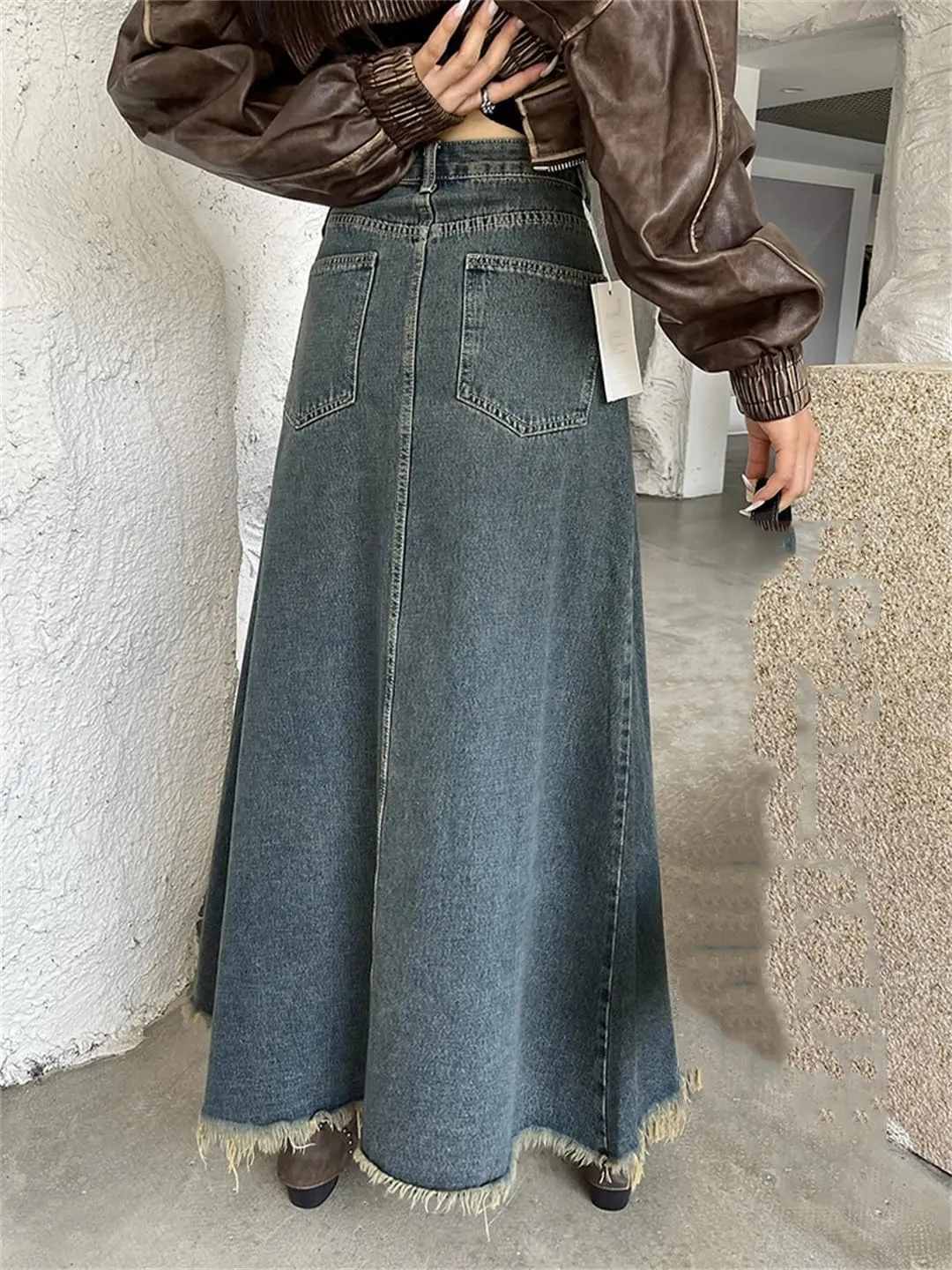 Women's 5-Pocket Color Splicing Denim Skirts High Waisted Retro Distressed Fringed Maxi Casual Skirt