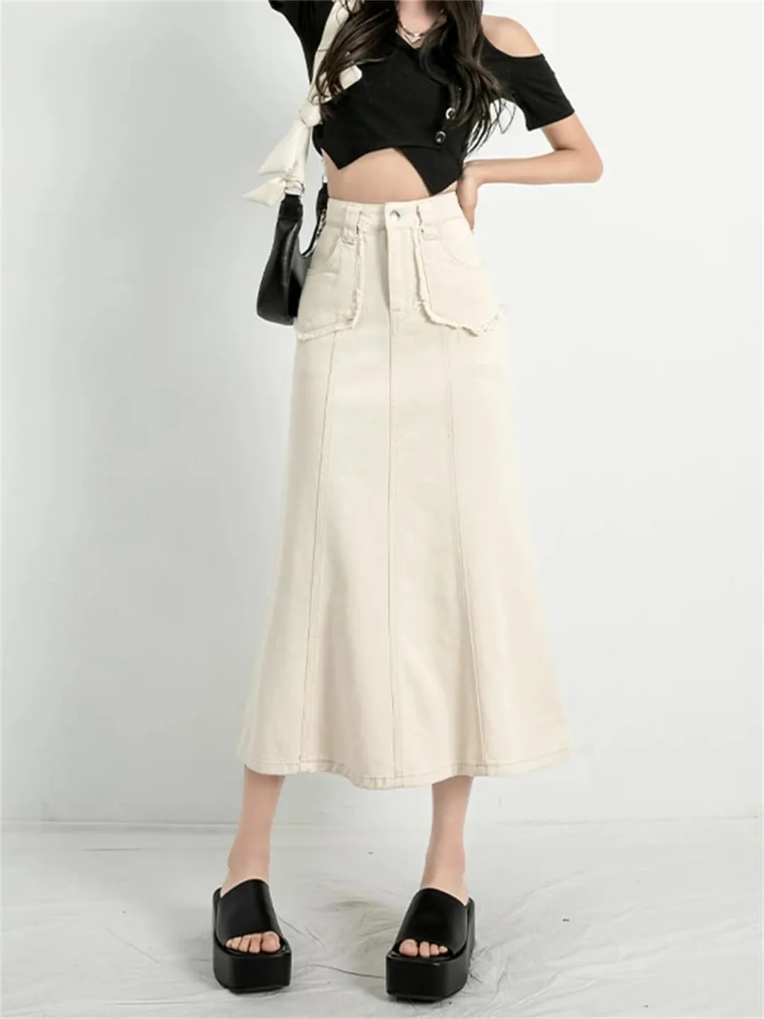 Women's 5-Pocket Fringed Denim Midi Skirt High Waisted Button Down Casual Ruffle Hem Jeans Skirts