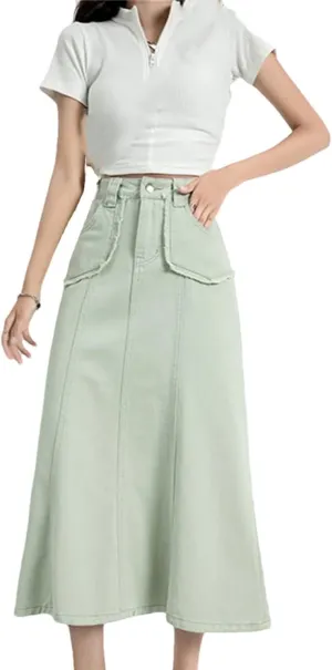 Women's 5-Pocket Fringed Denim Midi Skirt High Waisted Button Down Casual Ruffle Hem Jeans Skirts