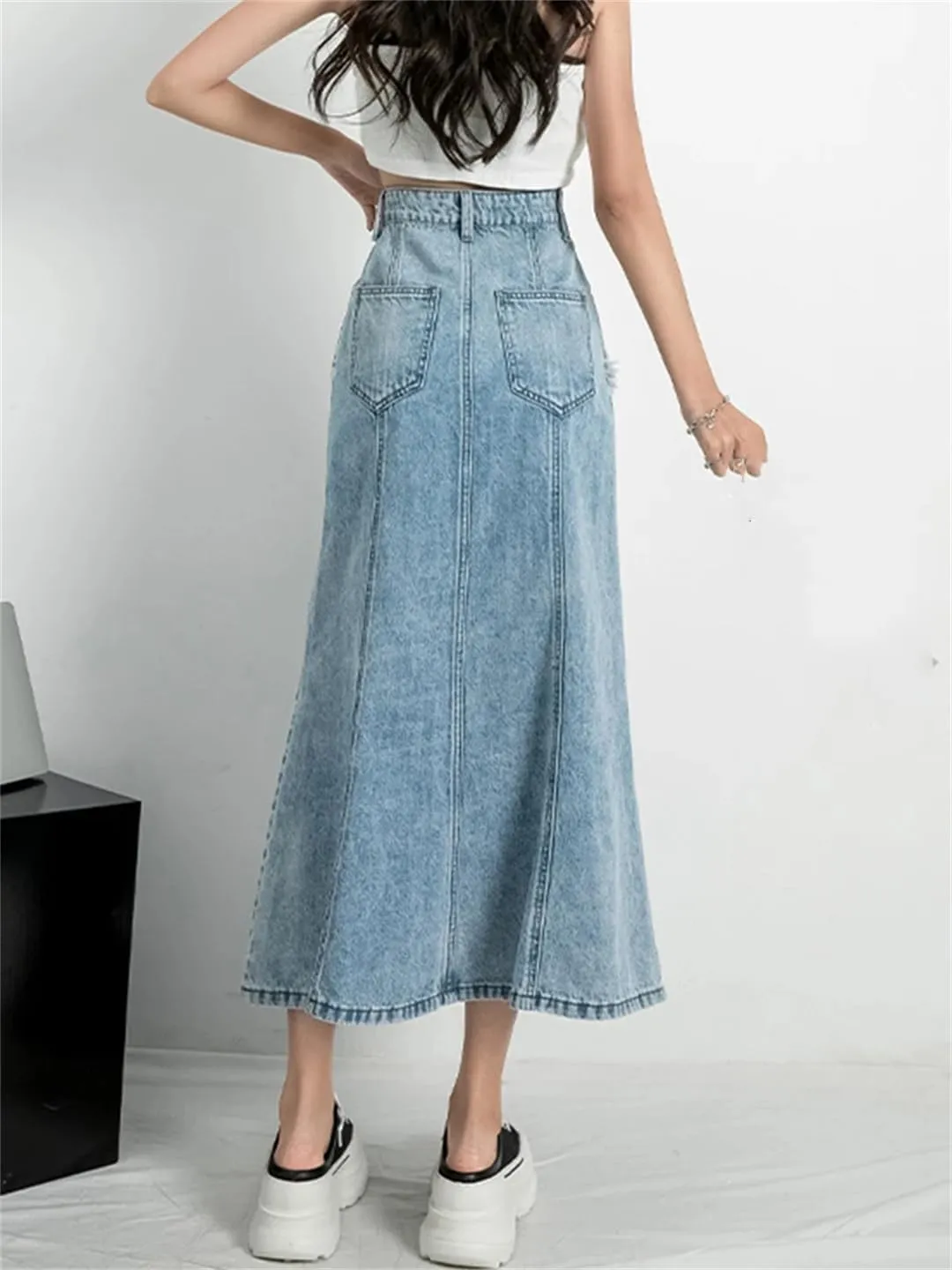 Women's 5-Pocket Fringed Denim Midi Skirt High Waisted Button Down Casual Ruffle Hem Jeans Skirts