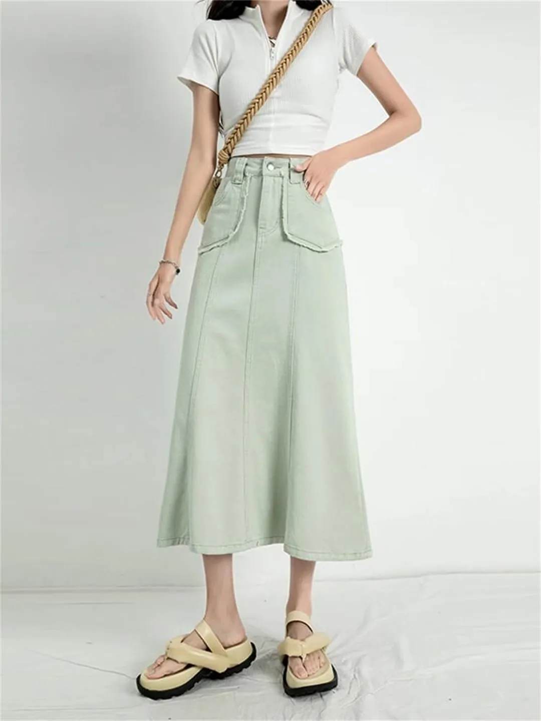Women's 5-Pocket Fringed Denim Midi Skirt High Waisted Button Down Casual Ruffle Hem Jeans Skirts