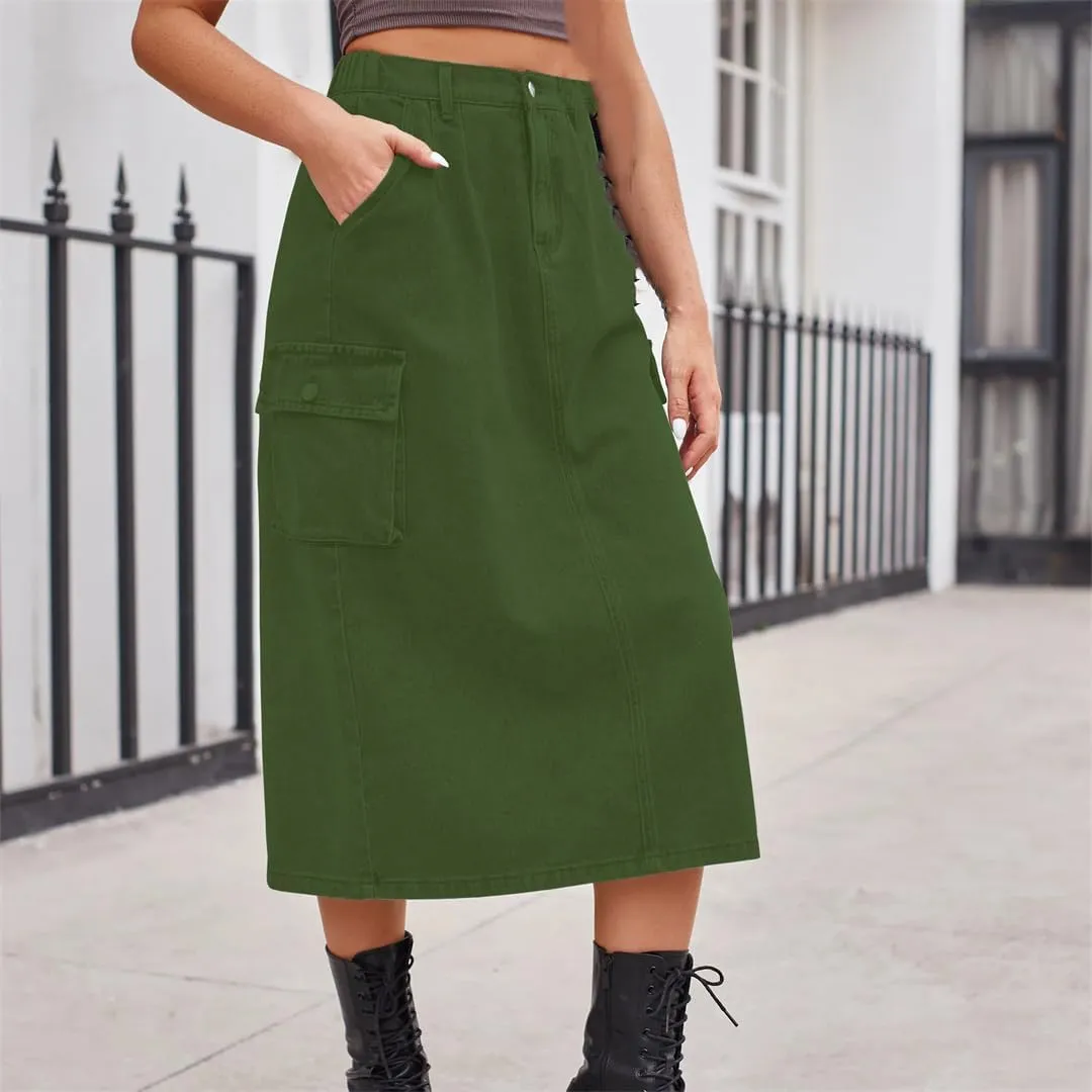 Women's Back Slit Big Pockets Denim Skirts High Waisted Button Down Midi Skirts Solid Color Casual Skirt