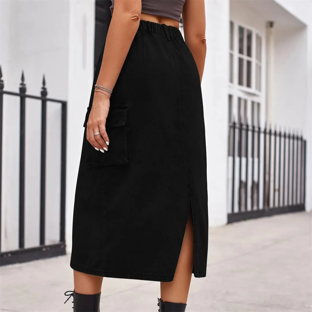 Women's Back Slit Big Pockets Denim Skirts High Waisted Button Down Midi Skirts Solid Color Casual Skirt