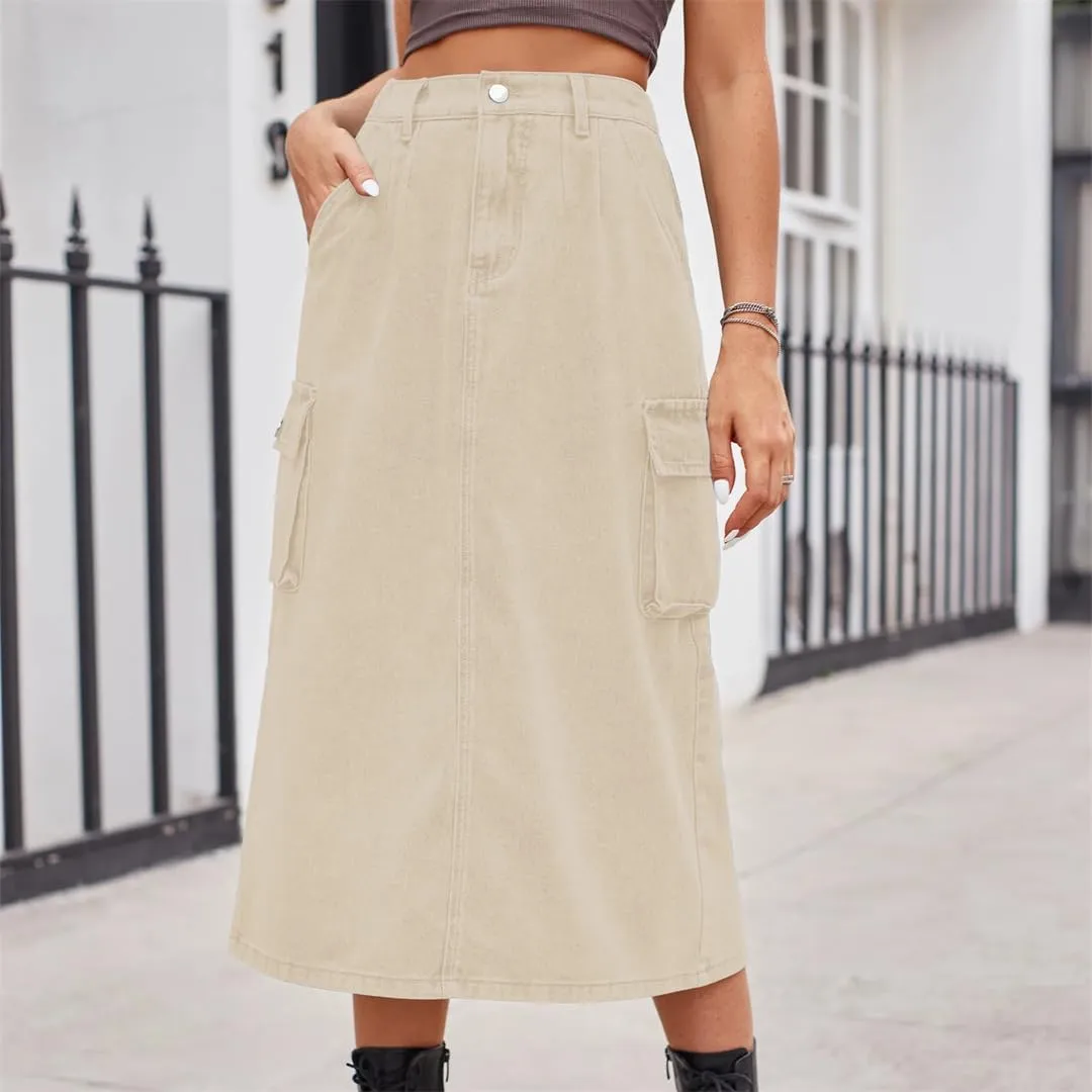 Women's Back Slit Big Pockets Denim Skirts High Waisted Button Down Midi Skirts Solid Color Casual Skirt