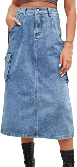 Women's Back Slit Big Pockets Denim Skirts High Waisted Button Down Midi Skirts Solid Color Casual Skirt