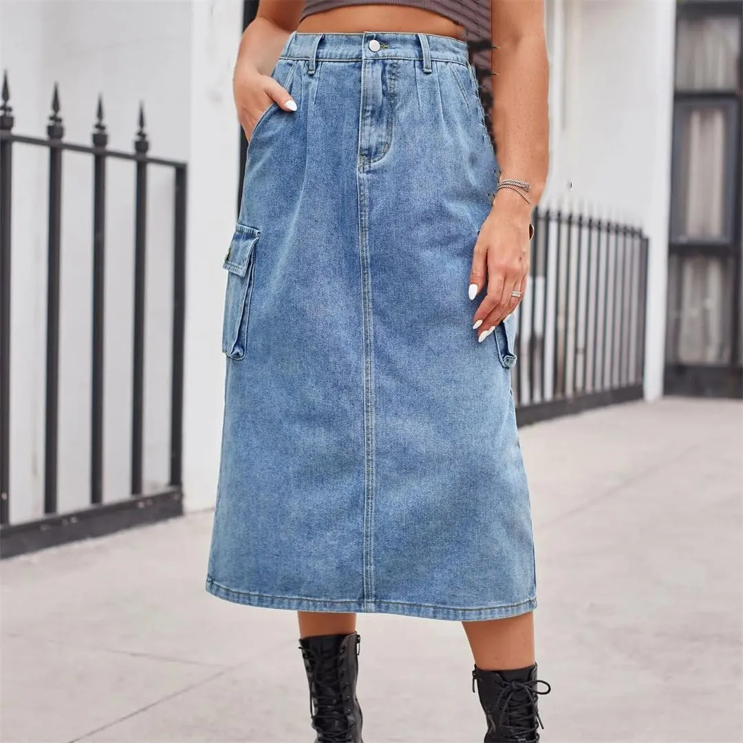 Women's Back Slit Big Pockets Denim Skirts High Waisted Button Down Midi Skirts Solid Color Casual Skirt
