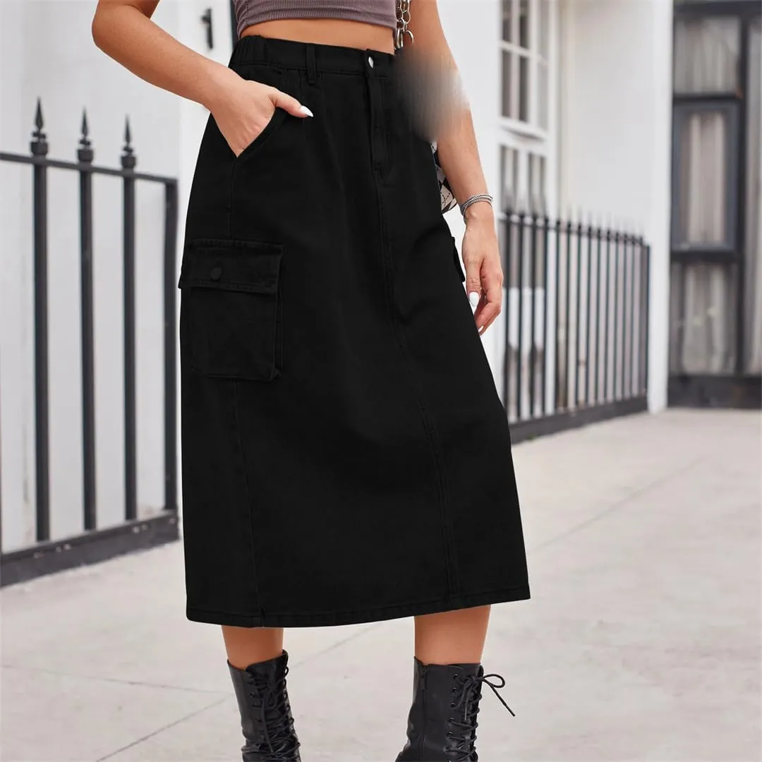 Women's Back Slit Big Pockets Denim Skirts High Waisted Button Down Midi Skirts Solid Color Casual Skirt