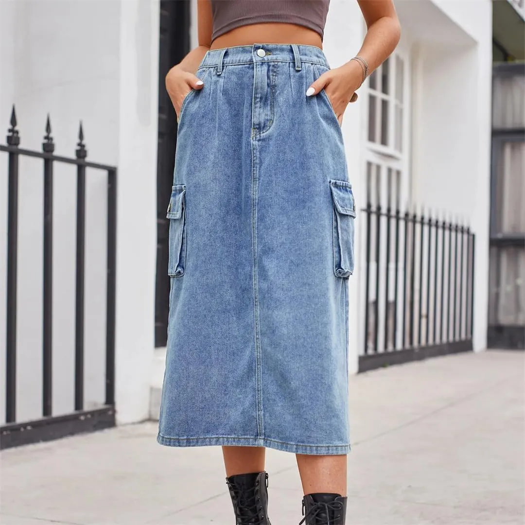Women's Back Slit Big Pockets Denim Skirts High Waisted Button Down Midi Skirts Solid Color Casual Skirt