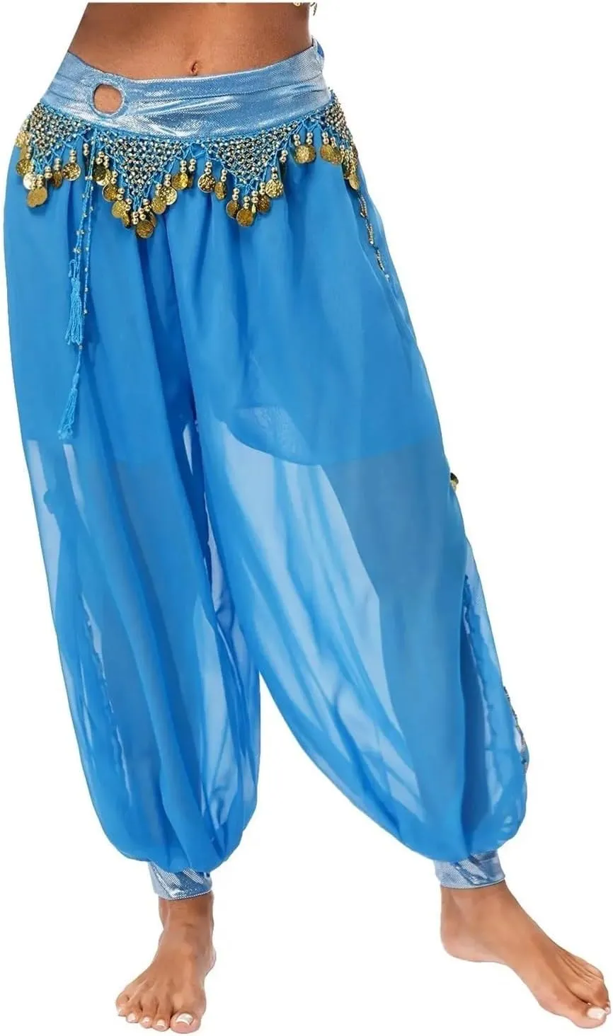 Womens Belly Dance Harem Pants Halloween Carnival Costume Sequin Tassel Trouser Dance Performance Loose Pants(White)