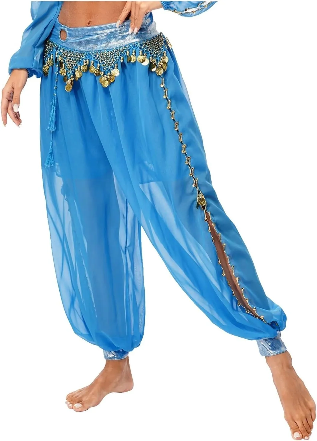 Womens Belly Dance Harem Pants Halloween Carnival Costume Sequin Tassel Trouser Dance Performance Loose Pants(White)