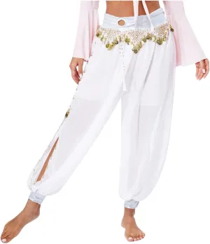Womens Belly Dance Harem Pants Halloween Carnival Costume Sequin Tassel Trouser Dance Performance Loose Pants(White)