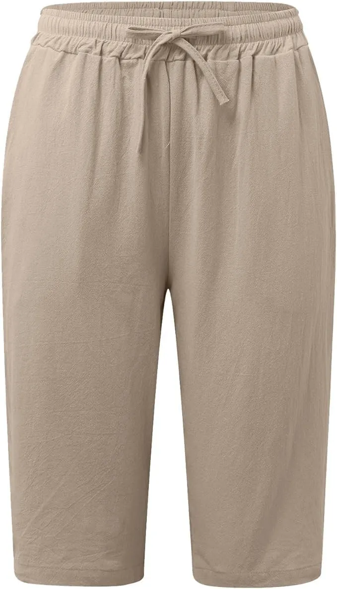 Womens Bermuda Shorts Solid Color Linen Casual Side Lace Summer Drawstring Pants with Pocket for Beach Vacations
