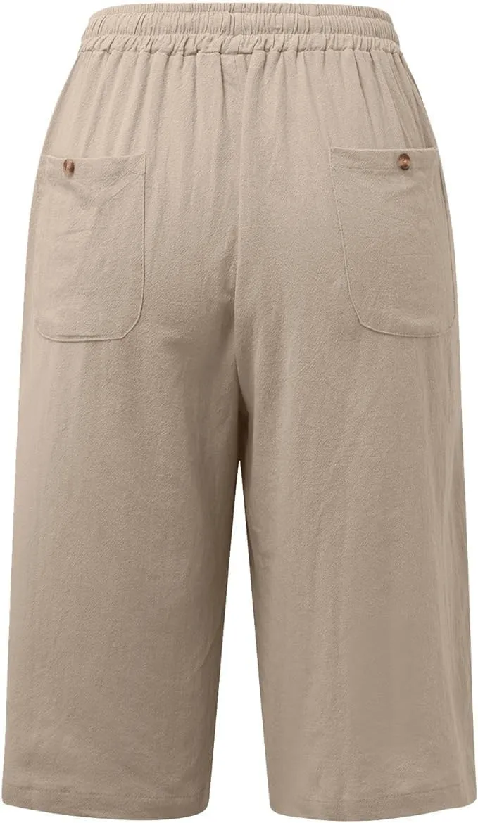 Womens Bermuda Shorts Solid Color Linen Casual Side Lace Summer Drawstring Pants with Pocket for Beach Vacations