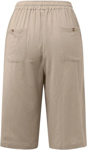 Womens Bermuda Shorts Solid Color Linen Casual Side Lace Summer Drawstring Pants with Pocket for Beach Vacations