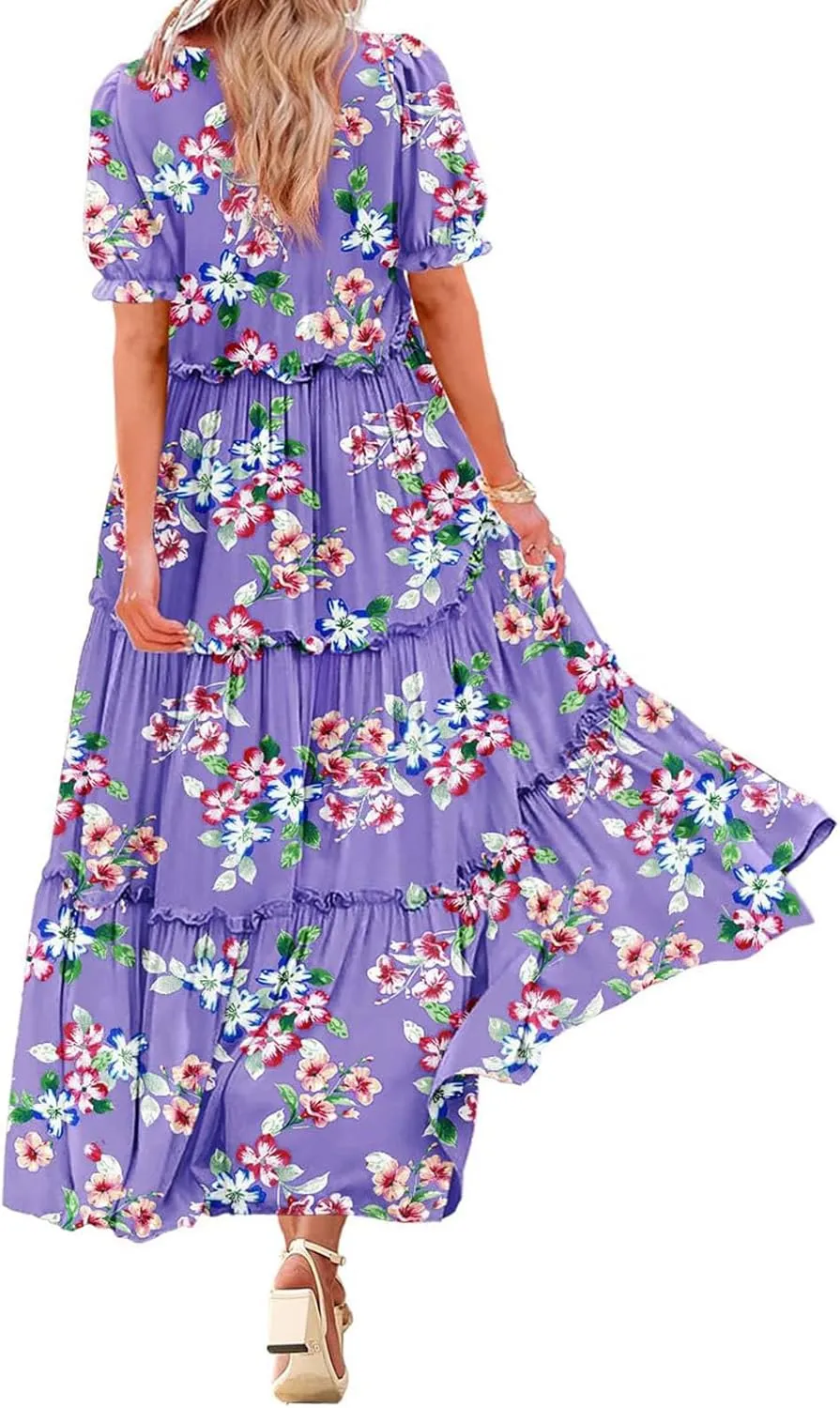 Womens Bohemian Floral Dresses Fashion Puff Short Sleeves O-Neck Casual Ruffles Layered Patchwork Maxi Swing Dress