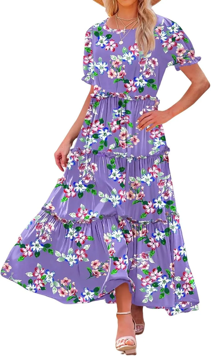 Womens Bohemian Floral Dresses Fashion Puff Short Sleeves O-Neck Casual Ruffles Layered Patchwork Maxi Swing Dress