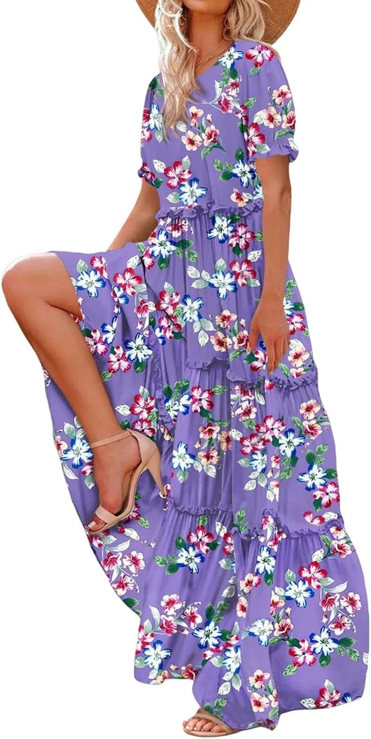 Womens Bohemian Floral Dresses Fashion Puff Short Sleeves O-Neck Casual Ruffles Layered Patchwork Maxi Swing Dress
