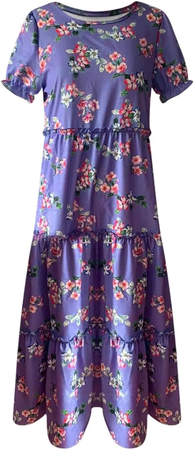Womens Bohemian Floral Dresses Fashion Puff Short Sleeves O-Neck Casual Ruffles Layered Patchwork Maxi Swing Dress