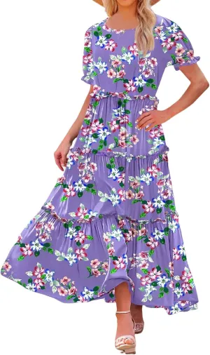 Womens Bohemian Floral Dresses Fashion Puff Short Sleeves O-Neck Casual Ruffles Layered Patchwork Maxi Swing Dress