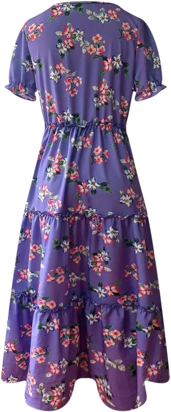 Womens Bohemian Floral Dresses Fashion Puff Short Sleeves O-Neck Casual Ruffles Layered Patchwork Maxi Swing Dress