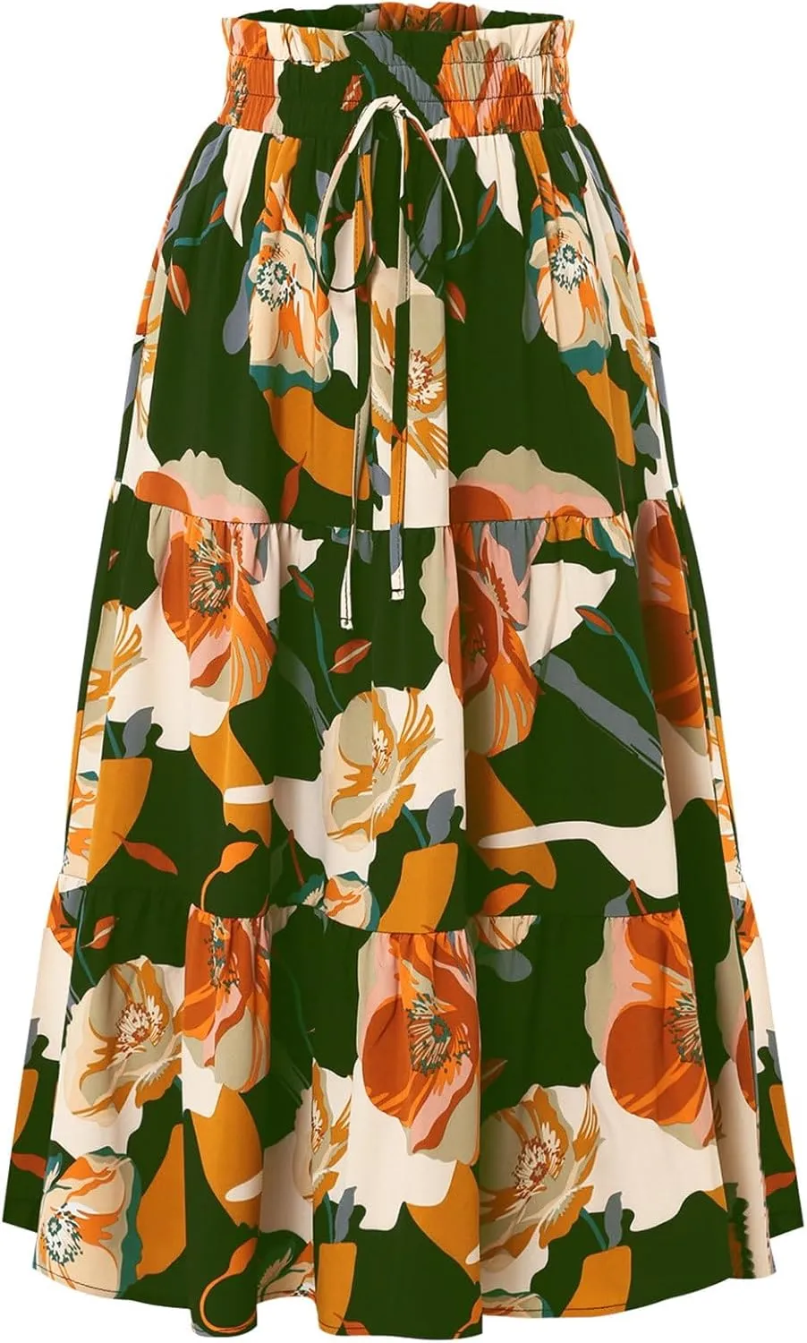 Women's Boho Floral Tiered Maxi Skirt,Elegant Pleated Elastic Waist Summer Flowy A-line Midi Long Skirt