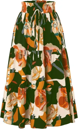 Women's Boho Floral Tiered Maxi Skirt,Elegant Pleated Elastic Waist Summer Flowy A-line Midi Long Skirt