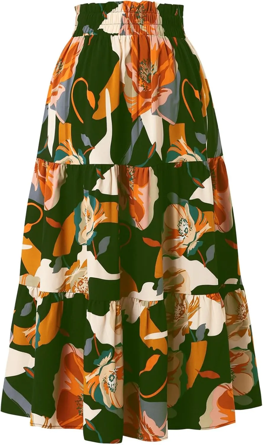 Women's Boho Floral Tiered Maxi Skirt,Elegant Pleated Elastic Waist Summer Flowy A-line Midi Long Skirt