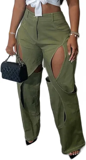 Women's Camo Cargo Pants High Waist Y2K Baggy Cut Out Straight Leg Casual Trousers Streetwear