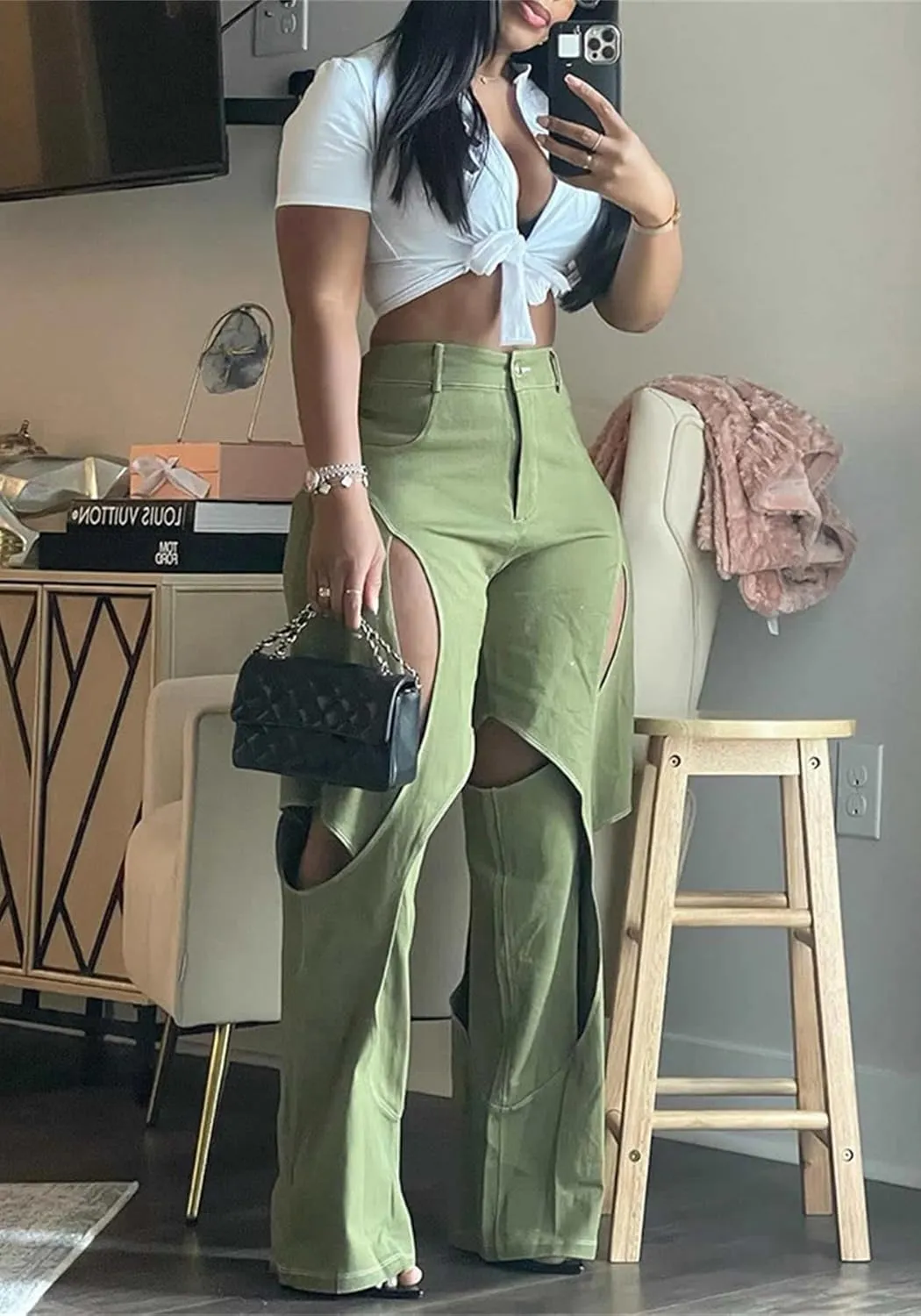 Women's Camo Cargo Pants High Waist Y2K Baggy Cut Out Straight Leg Casual Trousers Streetwear