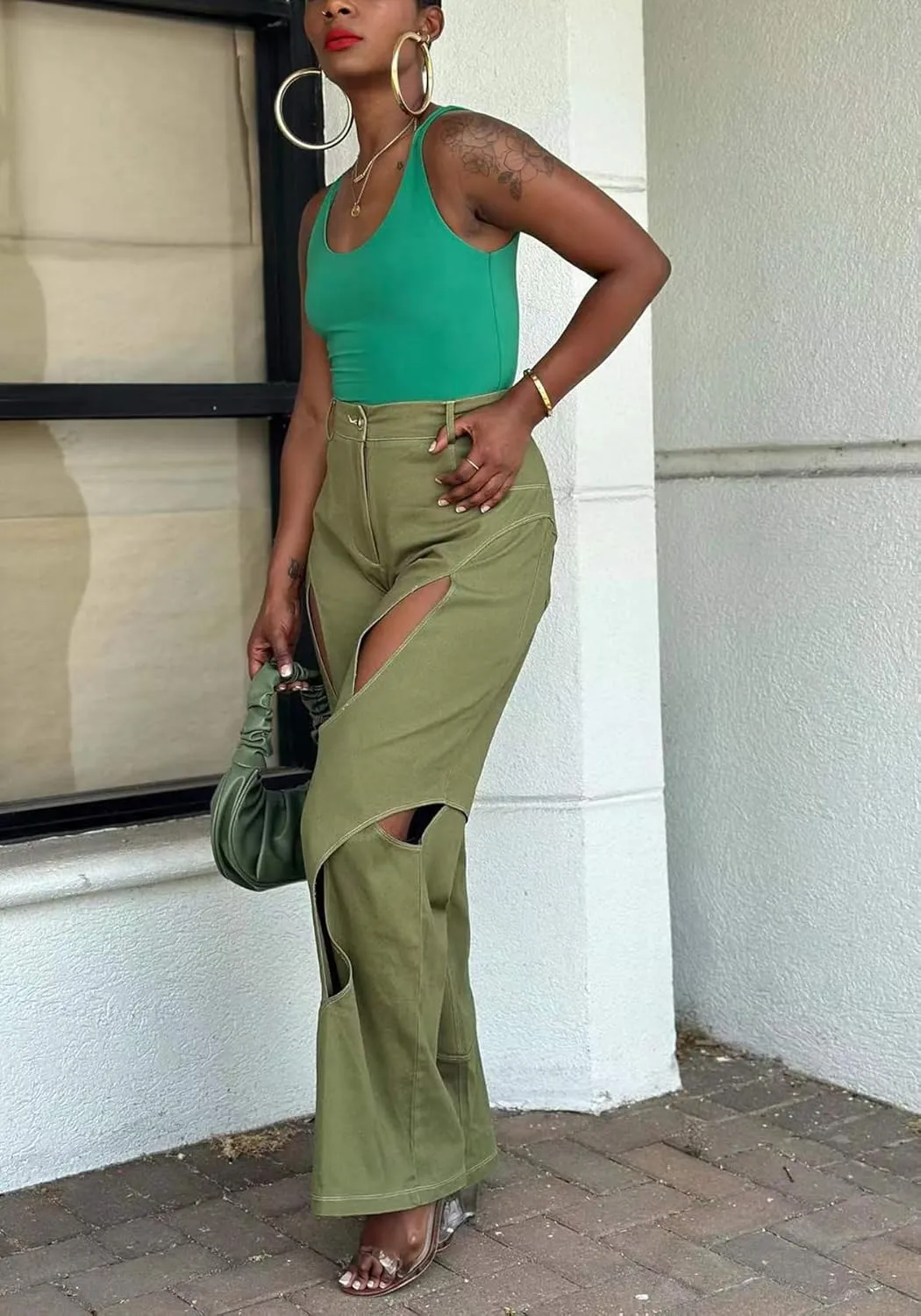 Women's Camo Cargo Pants High Waist Y2K Baggy Cut Out Straight Leg Casual Trousers Streetwear