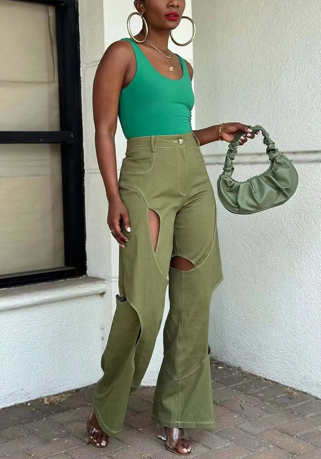 Women's Camo Cargo Pants High Waist Y2K Baggy Cut Out Straight Leg Casual Trousers Streetwear