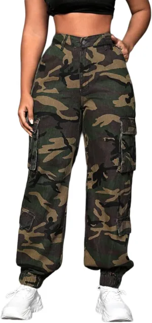 Women's Cargo Jogger Camo Pants with Pockets High Waist Slim Casual Tapered Camouflage Combat Hiking Pants
