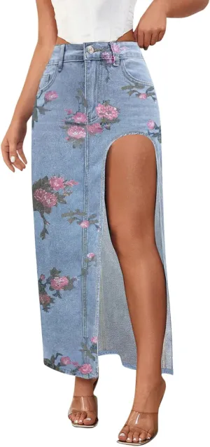 Women's Casual High Slit Denim Midi Jean Skirt Sexy Floral High Waisted Button Up Frayed Denim Skirt with Pockets