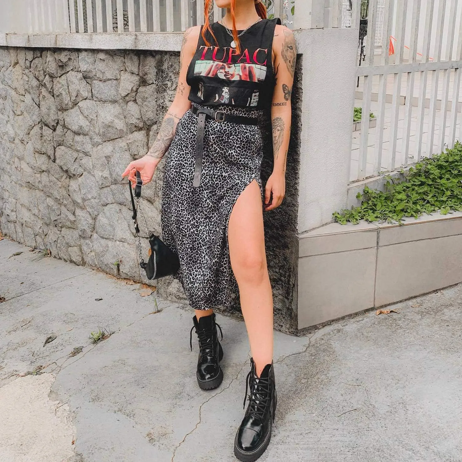 Women's Casual High Waist Boho Printed Side Split A-Line Midi Skirt Leopard Half-Length Maxi Swing Skirt