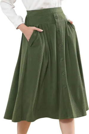 Womens Corduroy Skirts Vintage High Waist Button Long Pleated Skirts A-line Midi Skirt with Pockets Fall Winter