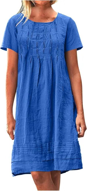 Women's Cotton Linen Midi Dress Plus Size Cap Sleeve Pleated Summer Dresses Vacation 2025 Crew Neck Casual Sundress