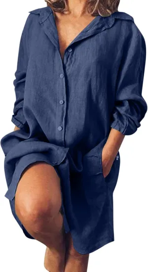 Womens Cotton Linen Midi Dress Summer Solid Color Long Sleeve V-Neck T-Shirt Dresses Plus Size Flowy Beach Dress
