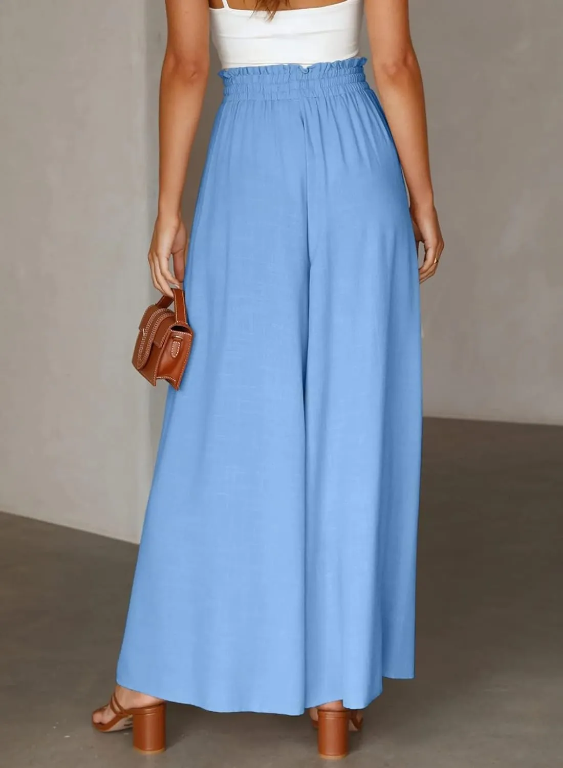 Womens Cotton Linen Wide Leg Pants Casual Elastic Belt High Waist Wide Leg Pants with Pockets Palazzo Lounge Pant