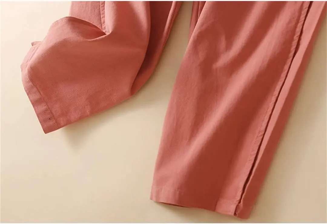 Women's Cotton Nine-Point Pants Solid Color Wide Leg Pants Loose High Waist Harem Pants