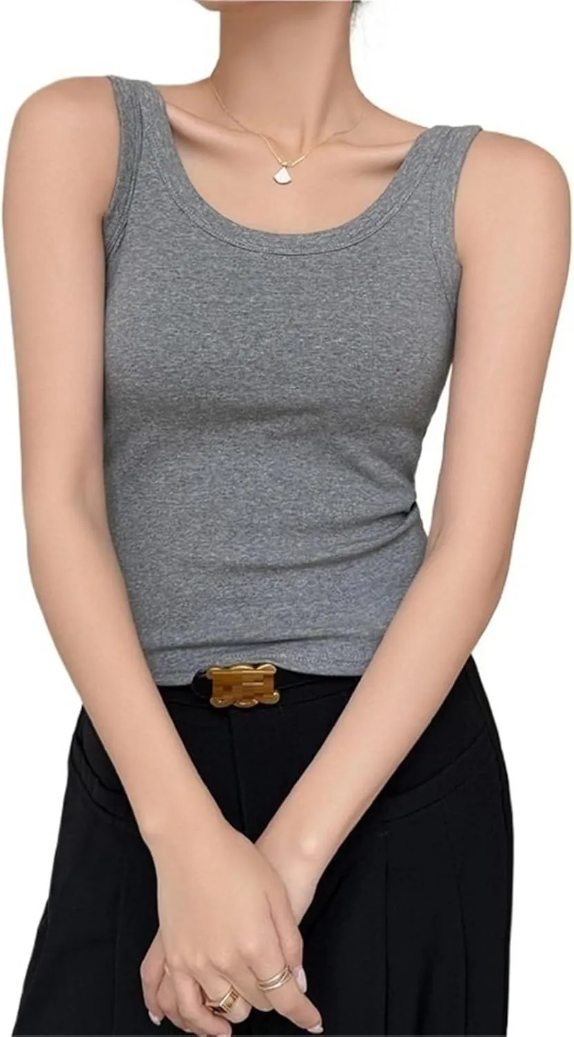 Women's Cotton U-Shaped Beauty Base Back Camisole Inner Wear with Chest Pad One-Piece Outer Wear Knitted Top