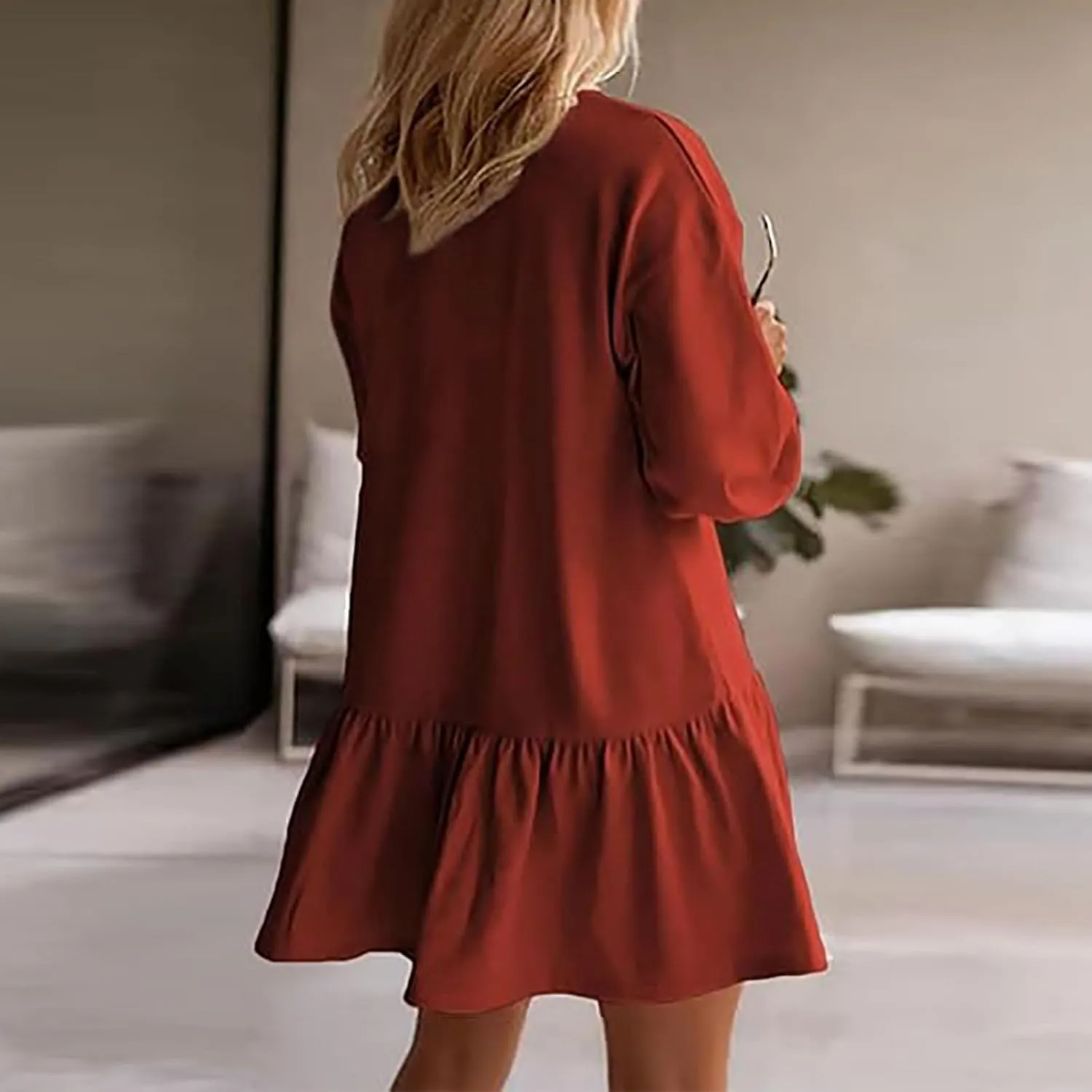 Womens Crewneck Long Sleeve Fall Dresses 2024 Trendy Mini Ruffle Skirts Casual Loose Patchwork Sweatshirt Pullover Tops