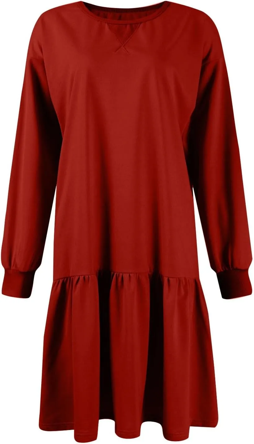Womens Crewneck Long Sleeve Fall Dresses 2024 Trendy Mini Ruffle Skirts Casual Loose Patchwork Sweatshirt Pullover Tops