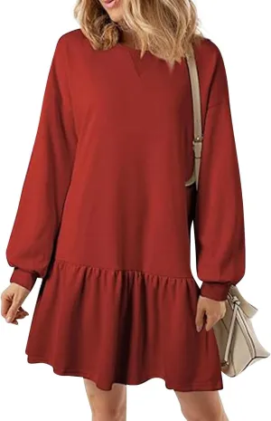 Womens Crewneck Long Sleeve Fall Dresses 2024 Trendy Mini Ruffle Skirts Casual Loose Patchwork Sweatshirt Pullover Tops